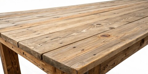 Close-up of a rustic wooden table top with a natural, distressed finish, revealing the grain and texture of the wood.