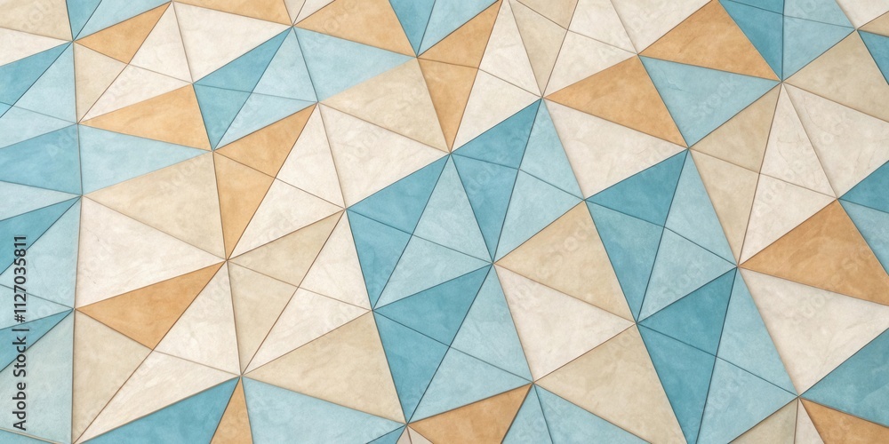 Poster abstract geometric pattern of interlocking triangles in tones of blue, beige, and brown