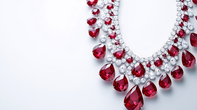 Magnificent ruby and diamond necklace featuring a cascade of deep-red faceted stones with free copy space. Cascade. Illustration