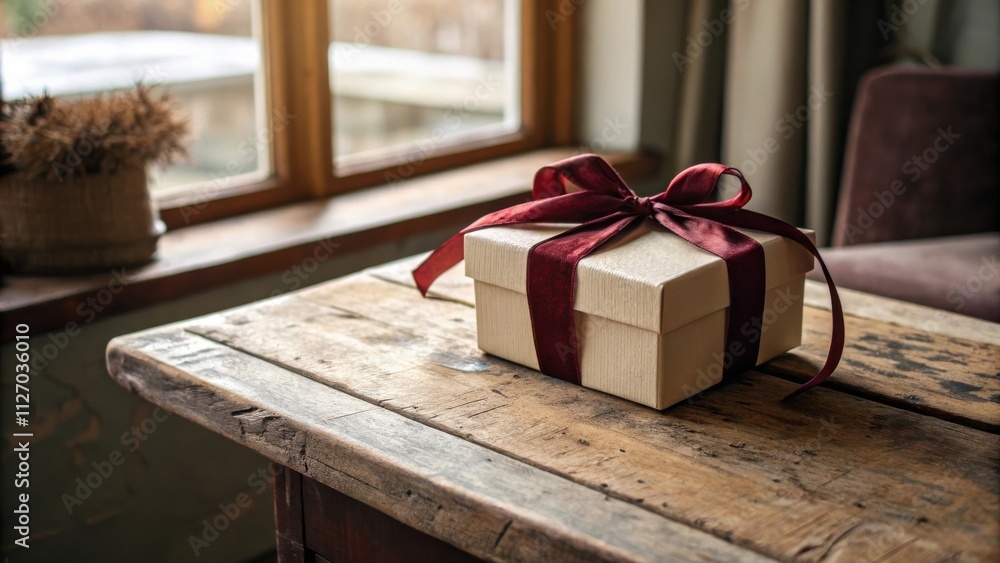 Poster a single, elegantly wrapped gift box with a crimson ribbon rests upon a rustic wooden table, bathed 