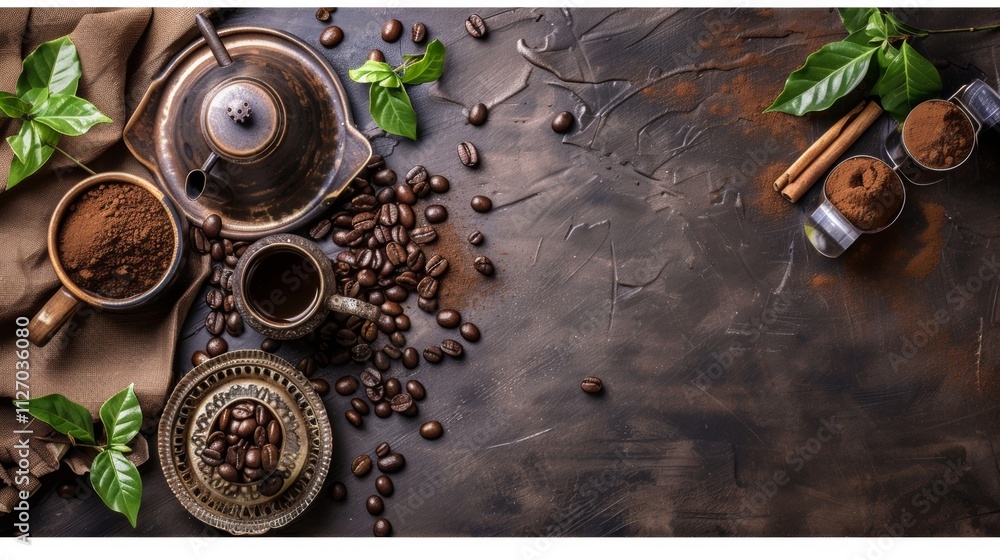 Poster rustic coffee setup with beans and spices on textured surface