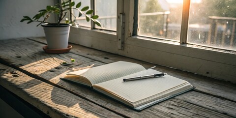 An Open Notebook and Pen Resting on a Rustic Window Sill Bathed in Warm Sunlight