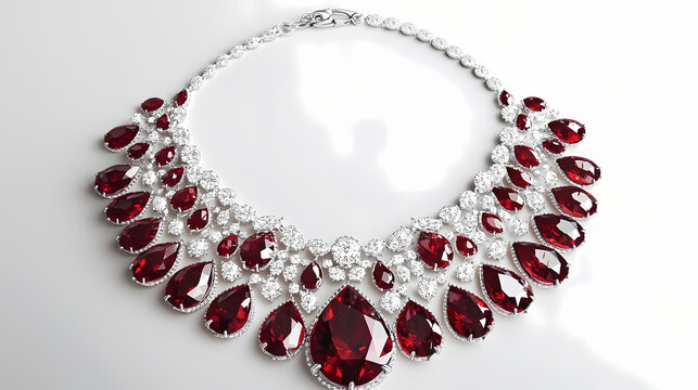 Magnificent ruby and diamond necklace featuring a cascade of deep-red faceted stones with free copy space. Cascade. Illustration