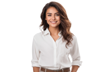Portrait of a smiling woman in white shirt, isolated on transparent background