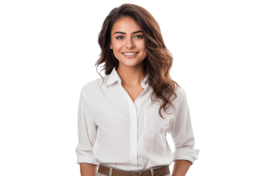 Portrait of a smiling woman in white shirt, isolated on transparent background