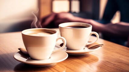 Vintage filter, couple of White coffee cup on wood table with bl 
