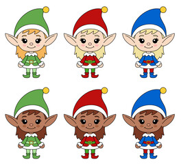 Cute Cartoon Female Elf Illustration Clipart Isolated on a Transparent Background - with Red, Green and Blue Outfits