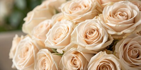 A close-up view of a bouquet of delicate, cream-colored roses with soft, velvety petals, revealing their intricate floral beauty.