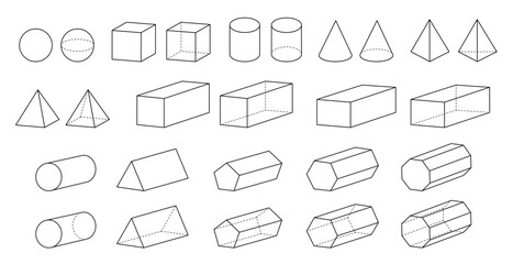 3d Geometric Forms and Solid Shapes Clipart, Geometry and Math Illustrations, Outlines with Dashed Lines on a Transparent Background