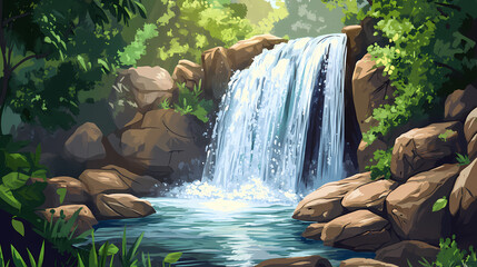 Majestic waterfall cascading through rugged terrain. Cascade. Illustration