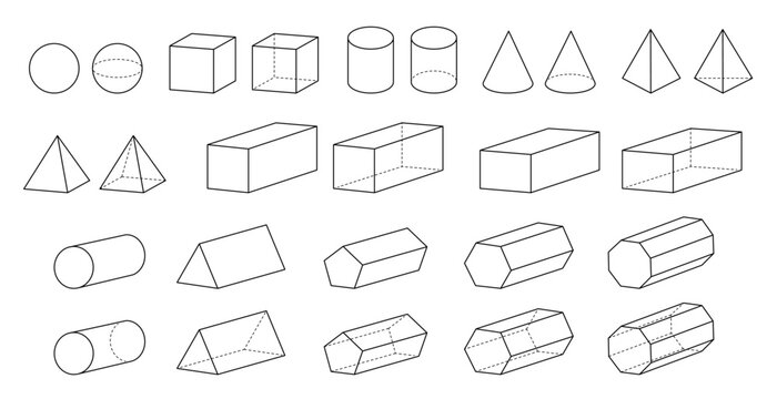 3d Geometric Forms and Solid Shapes Clipart, Geometry and Math Illustrations, Outlines with Dashed Lines on a Transparent Background