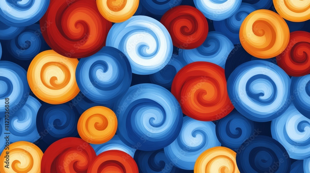 Poster colorful abstract composition with overlapping red, blue and yellow circles creating a vibrant visua