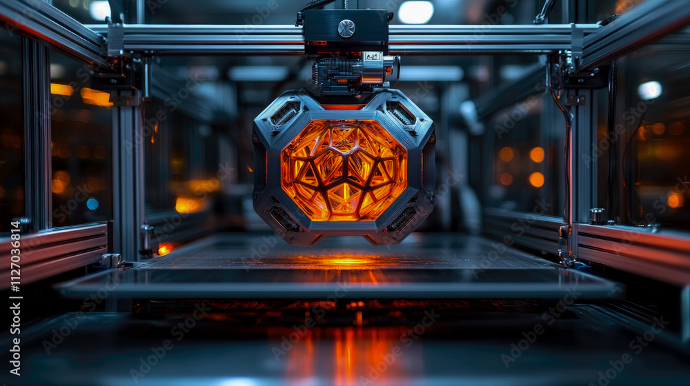 Aufkleber advanced 3d printer actively creating a complex geometric design with glowing orange highlights in a