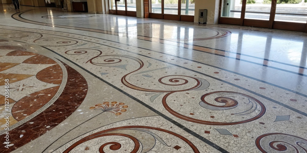 Poster a gleaming marble floor with a geometric pattern of swirls and shapes, reflecting the light from the