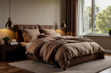 Fototapeta premium the interior of the bedroom is in the trendy mocha mousse color. modern fashion trends.