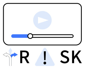 Video progress bar with play icon above the word RISK featuring arrows pointing in different directions and an exclamation mark. Ideal for risk assessment, decision making, project management