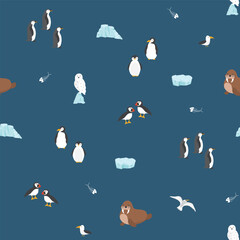 Polar animals seamless pattern. Cute Cartoon arctic animals background. Vector Illustration.