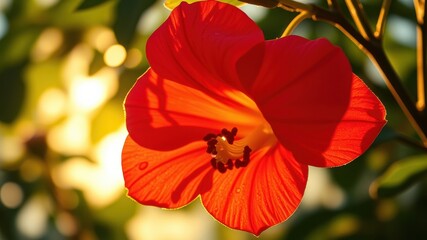 Naklejka premium Vibrant Red Flower Blossom Illuminated by Golden Sunlight