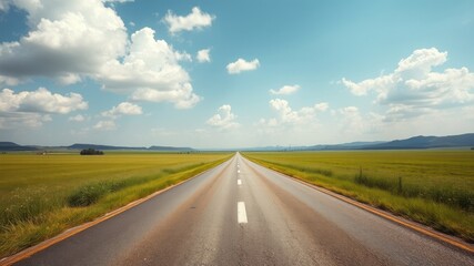 Obraz premium Asphalt road vanishing point on a sunny day across a vast green field under a bright blue sky with fluffy white clouds