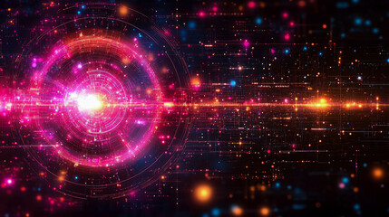 Colorful cosmic digital art displays swirling patterns and radiant lights, resembling a vast universe full of energy and movement