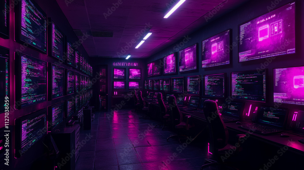 Poster a room is illuminated by purple lights, featuring numerous computer screens showcasing lines of code