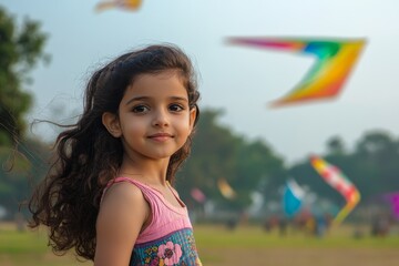 A little girl, with long curly hair and big brown eyes, wearing colorful , stands in front of the camera, smiling at the viewer while flying kites on a bright day.