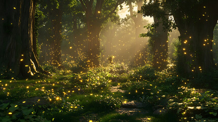 Fototapeta premium Mystical forest illuminated by soft moonlight, with ancient trees and ethereal glows, surrounded by vibrant mossy ground and misty