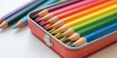 Naklejka premium A Close Up View of a Colorful Set of Wooden Pencils in a Red Tin