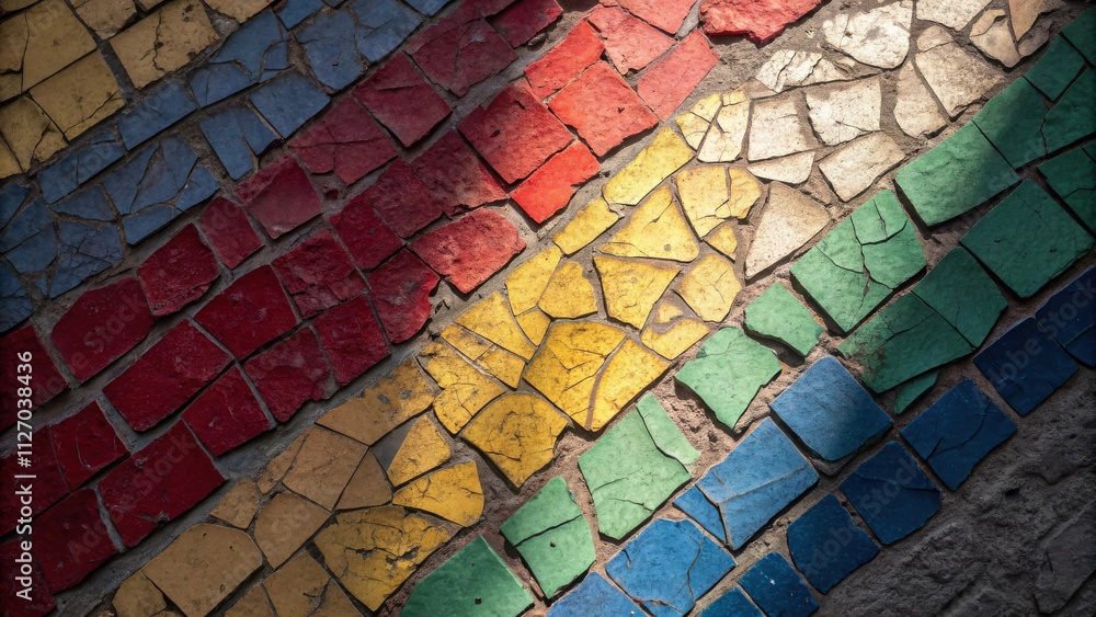Poster a close-up of a colorful mosaic pathway with chipped and cracked tiles, showcasing a gradient of blu