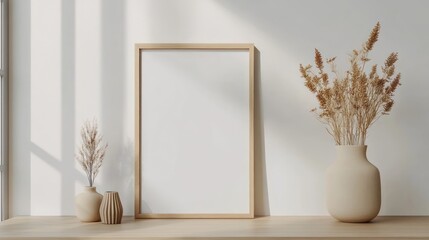 Minimalist Wooden Blank Frame on White Wall with Boho Vases.