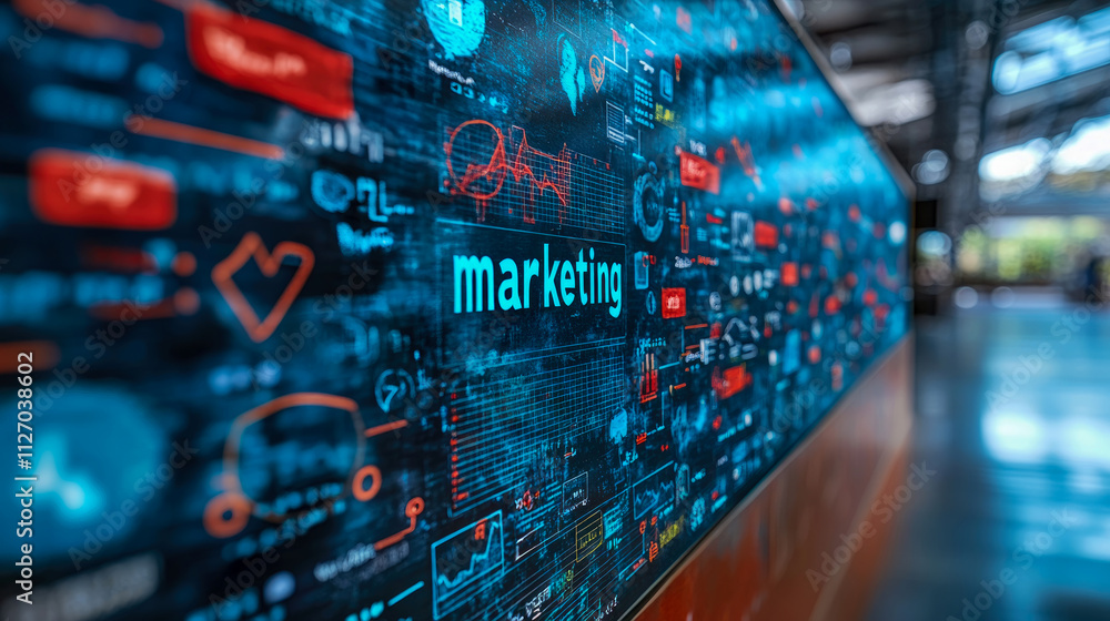 Poster a dynamic digital board highlights various marketing concepts and metrics within a contemporary busi