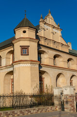 Fototapeta premium Cistercian Abbey (Opactwo Cystersów), corner turret with small window, pediment, ornament. Wąchock, Poland.