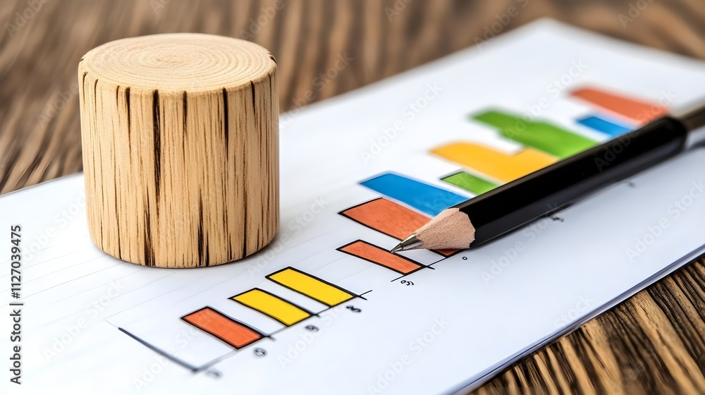 Poster wooden cylinder on paper with colorful bar graphs and pencil illustrates data analysis and business 