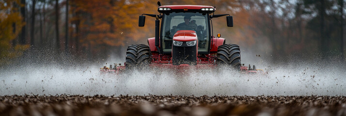 A red tractor is working through a field, plowing soil as autumn leaves surround the area, showcasing the beauty of rural farming during fall
