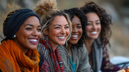 Fototapeta premium Five women sit together outdoors, sharing laughter and smiles, surrounded by a serene landscape, capturing the essence of friendship and connection