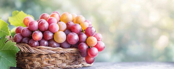 The plump, juicy ripe grapes are nestled in a woven nature basket, their vibrant colors and sweet aroma instantly evoking the feeling of a warm summer day.