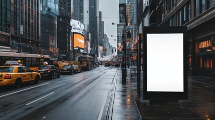 Blank Billboard on Rainy NYC Street Vertical Composition, Urban Landscape, Mockup Ad Space, Times Square Vibe Keywords Advertising, Mockup