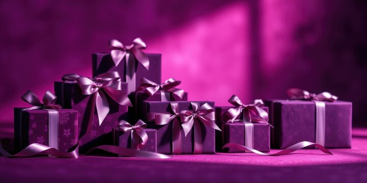 A profusion of purple gift boxes adorned with elegant satin ribbons, creating a luxurious and festive arrangement