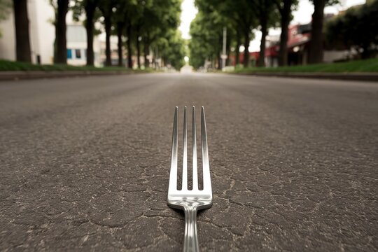 A photo of a single silver fork placed on the ground of a street.