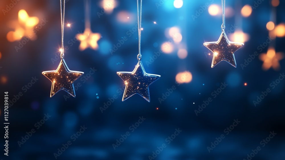 Poster three sparkling stars suspended on a string against serene blue backdrop three
