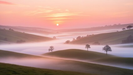 Pink sunset and pink clouds over foggy landscape with mountains