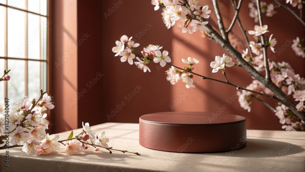 Poster A Minimalist Display with a Brown Round Platform and Cherry Blossoms in a Room with Sunlight Streaming through a Window