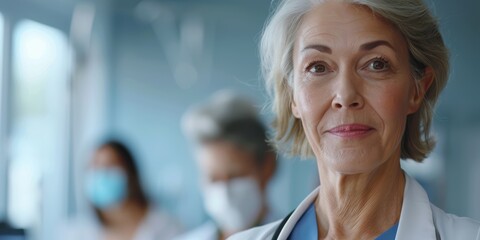 Portrait of a smiling senior woman doctor in a hospital using a tablet, providing medical assistance and consultation services