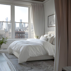 a bedroom with a window that has a view of the city. Generative AI
