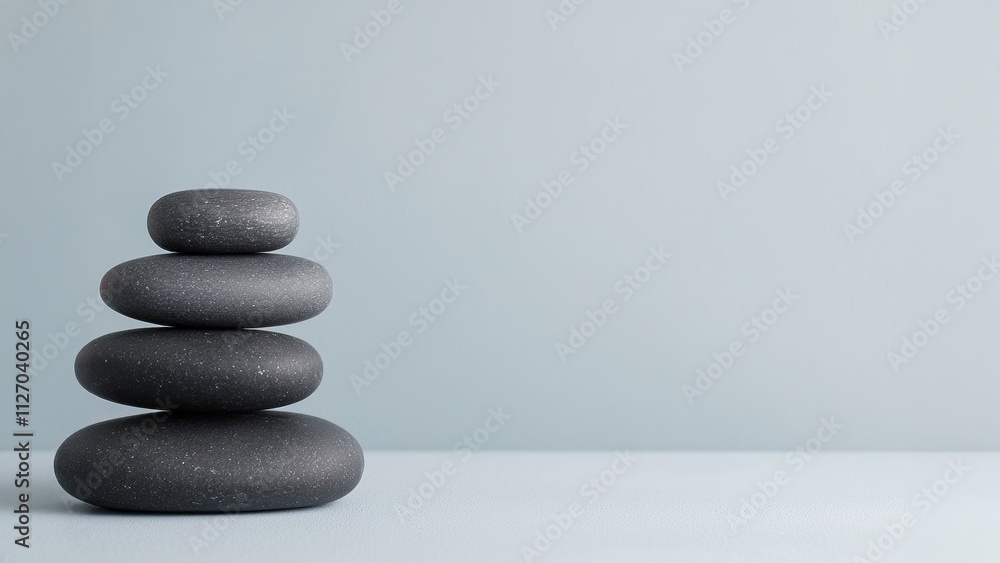 Poster stack of black spa stones balancing on light blue background creating zen atmosphere