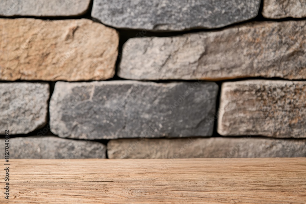Poster empty rustic wooden table surface with stone wall background