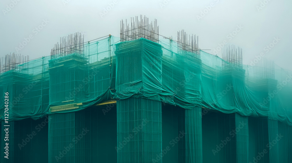 Poster a building under construction is covered in green mesh, surrounded by fog. the structure features ex