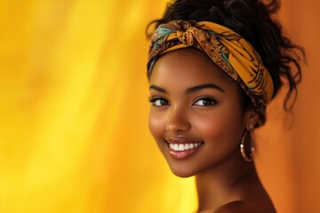 Naklejka premium Bright yellow backdrops and colorful headban outfits highlight individuals smiling confidently african black girl, expressing warmth and individuality.