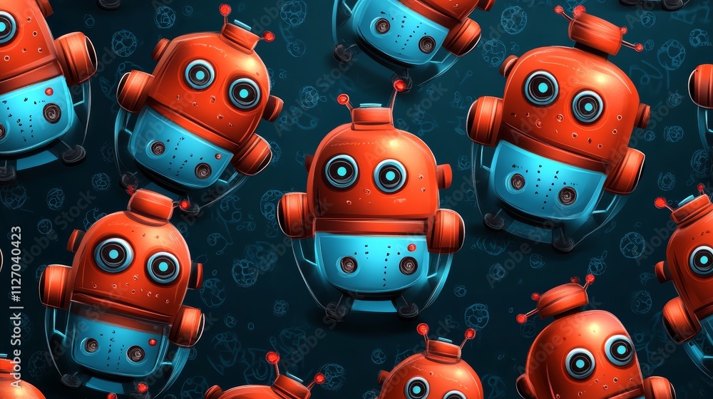 Poster vibrant assembly of multicolored robots showcasing diverse designs and futuristic functionalities