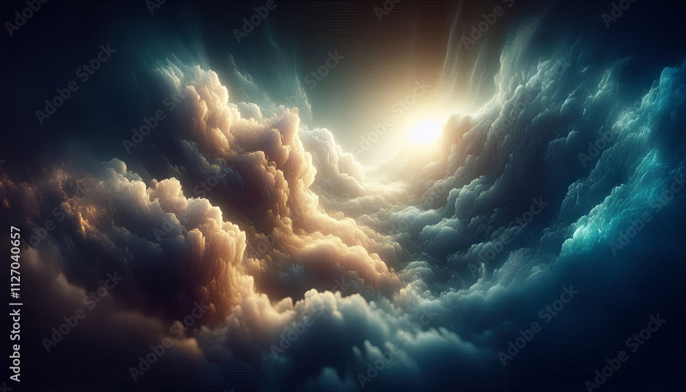 Poster a dreamy abstract scene of swirling clouds with glowing light peeking through, creating a calm and m